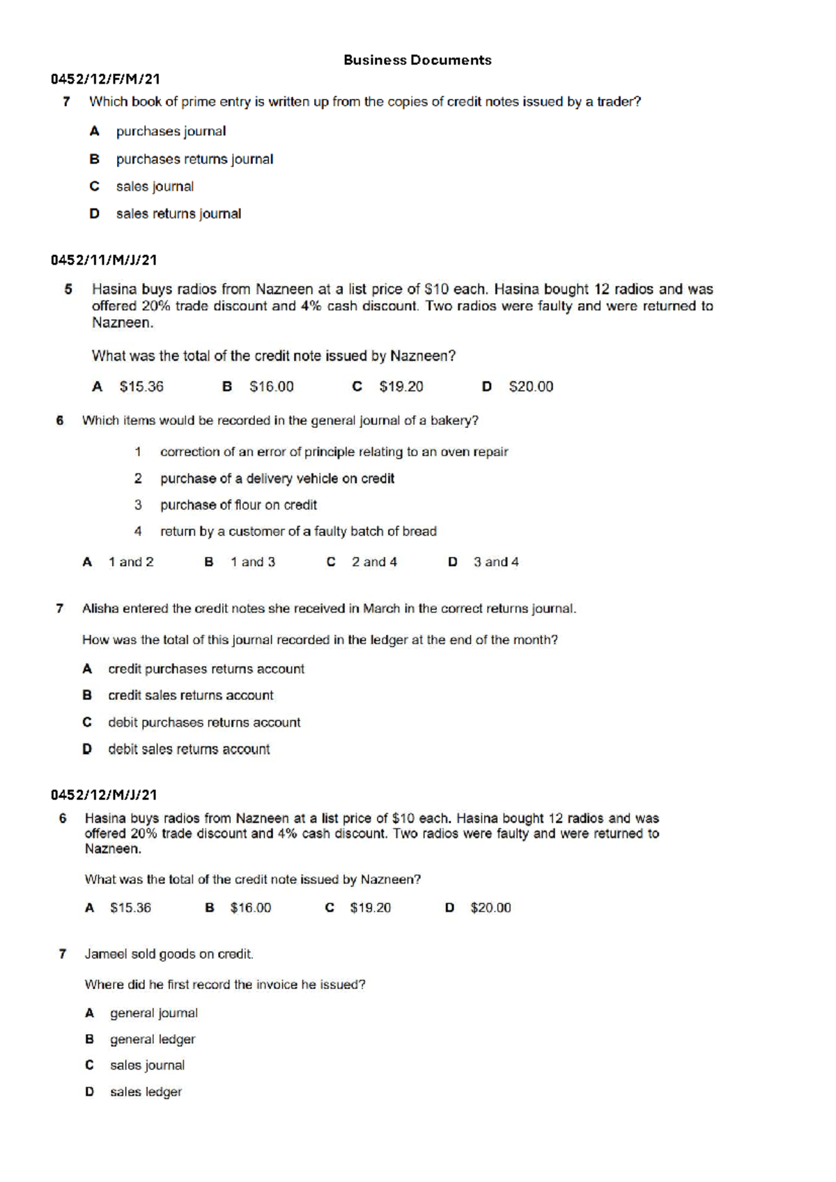 MCQ - Business Documents: Understanding Credit Notes and Journals - Studocu
