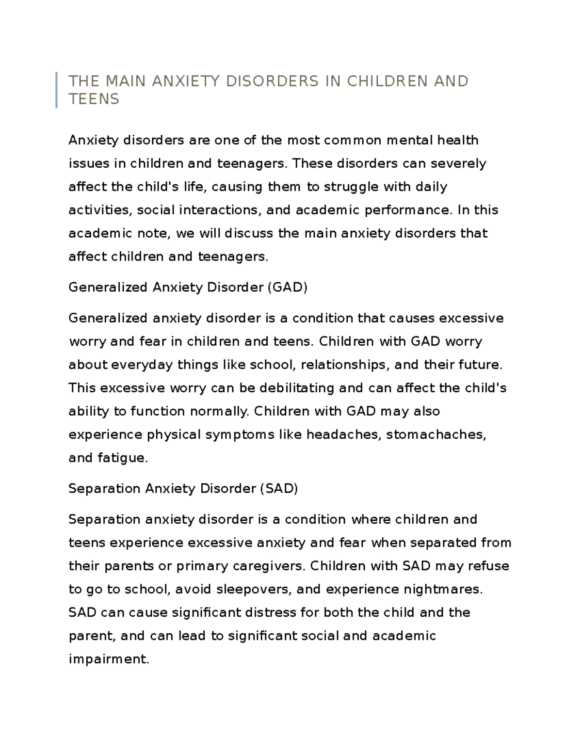 THE MAIN Anxiety Disorders IN Children AND Teens - THE MAIN ANXIETY ...