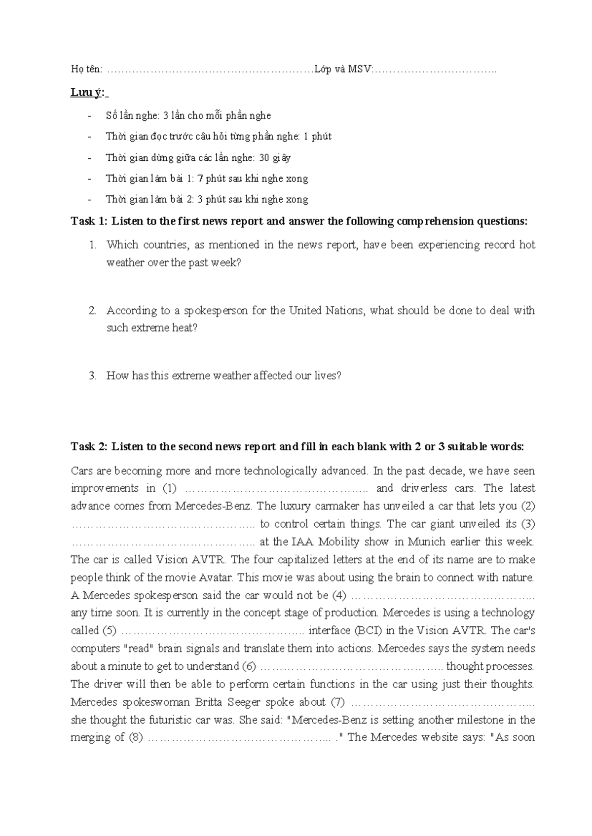 Midterm ESP 1 Listening Exam 2: Comprehension Tasks and Notes - Studocu