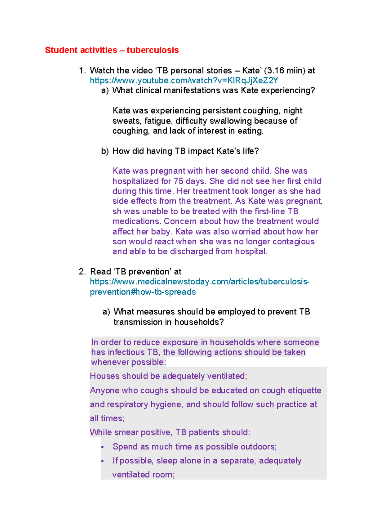 Student Activities Answers - TB Patient Impact & Prevention Strategies ...