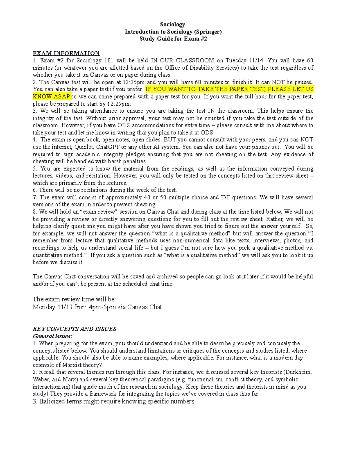 Sociology 101 Exam 2 Study Guide & Review Session Details - Studocu