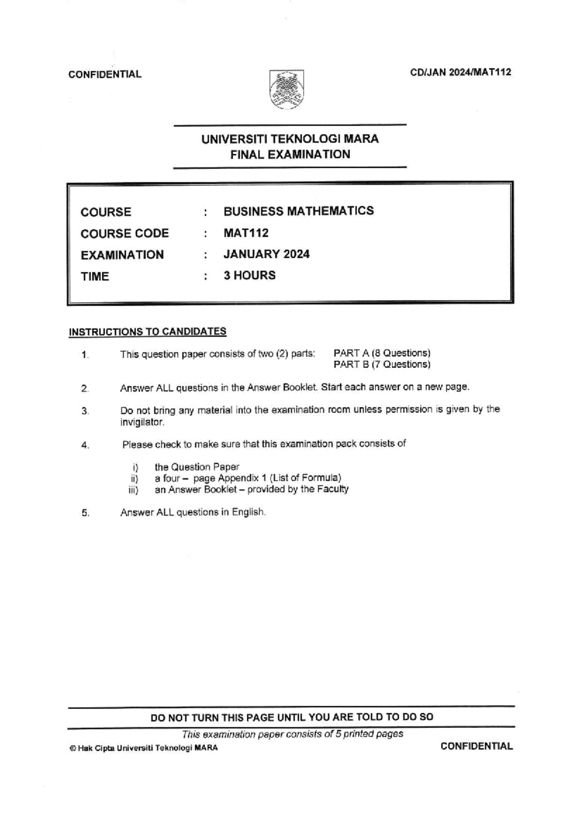 MAT112 Final Exam Jan 2024 - Business Mathematics Questions - Studocu