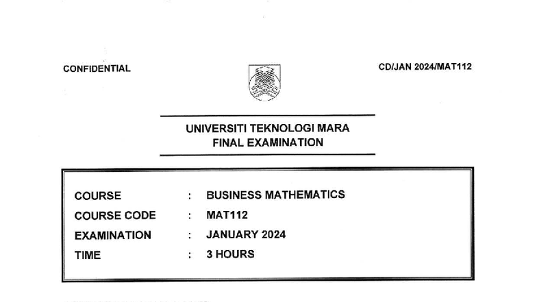 MAT112 Final Exam Jan 2024 - Business Mathematics Questions - Studocu