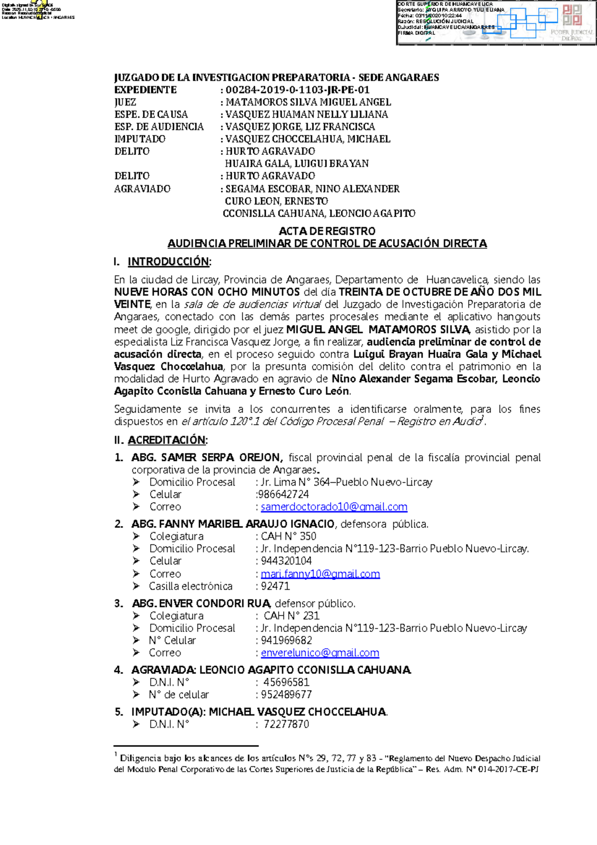 ACTA DE AUDIENCIA PRELIMINAR - EXP. 00284-2019-0-1103-JR-PE- - Document Preview