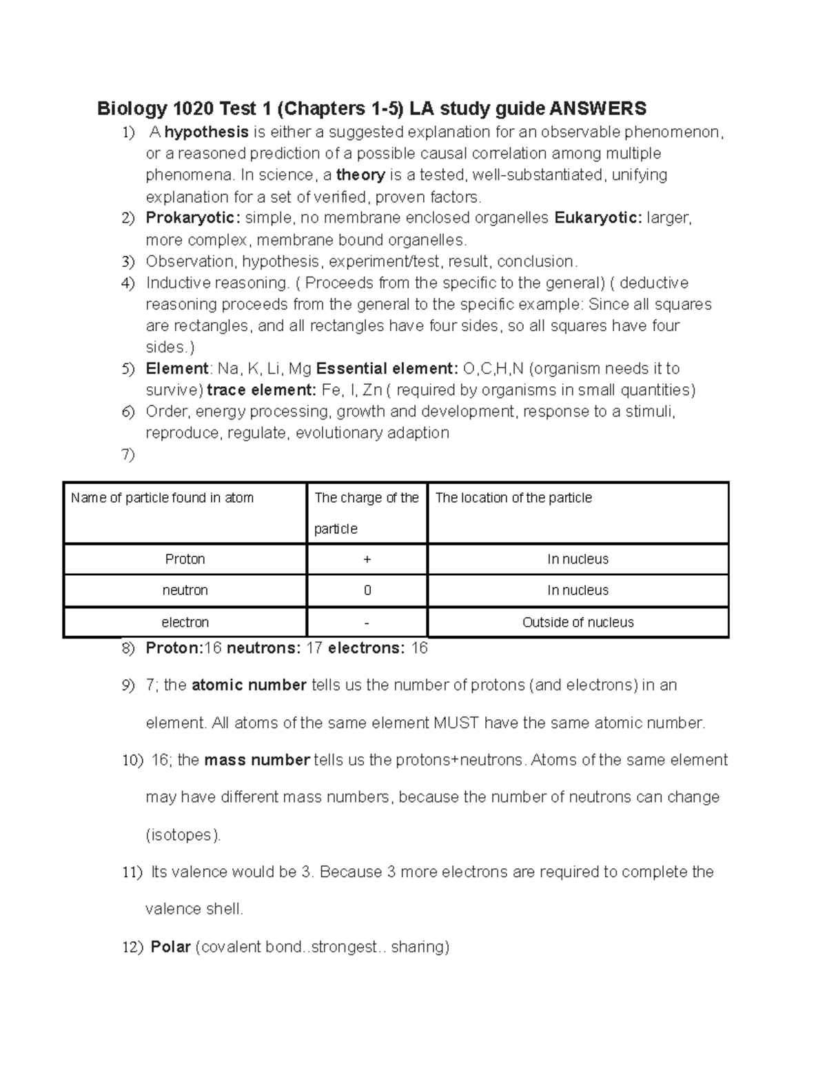 BIO 1020 Test 1 Study Guide: Answers for Chapters 1-5 - Studocu