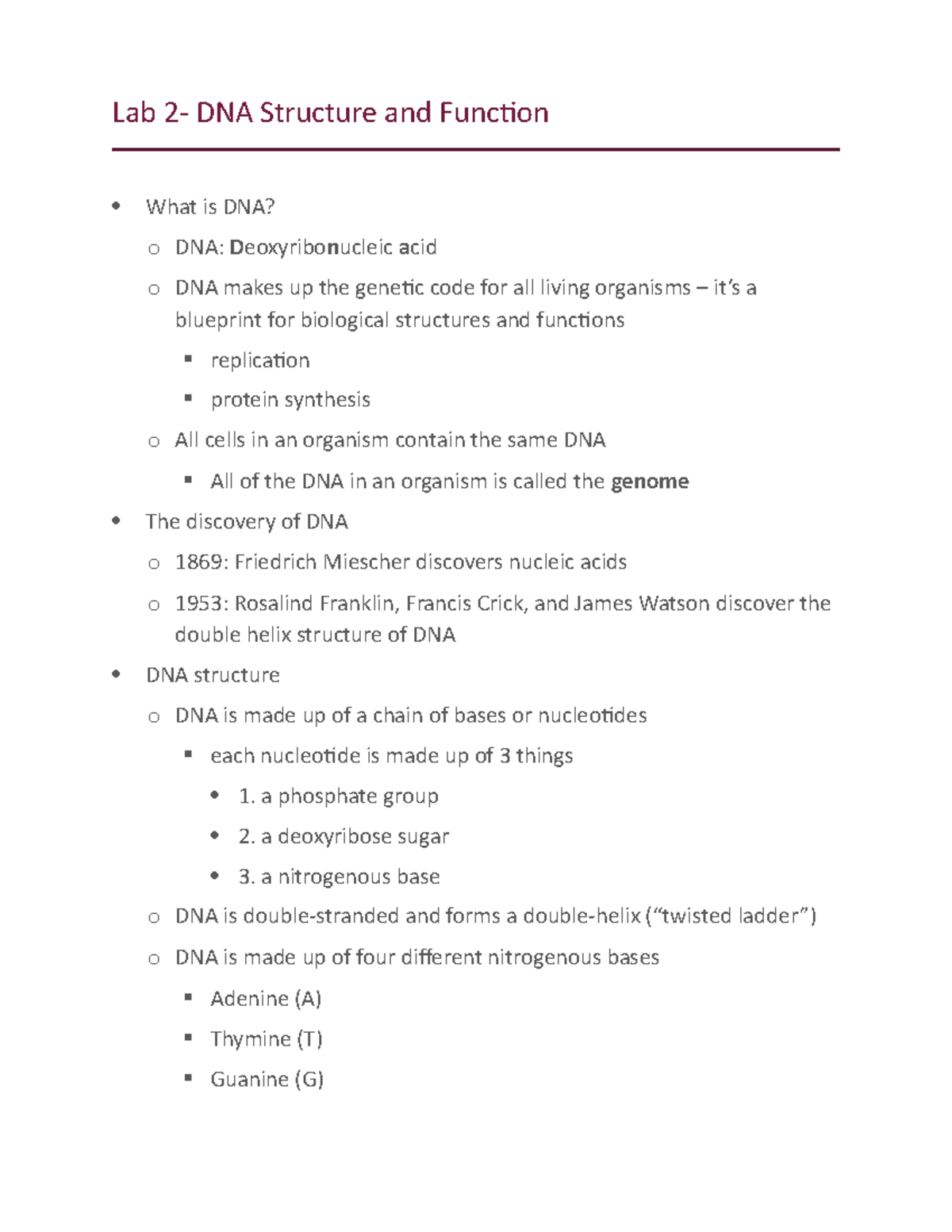 Lab 2 DNA Structure and Funtion - Lab 2- DNA Structure and Function ...