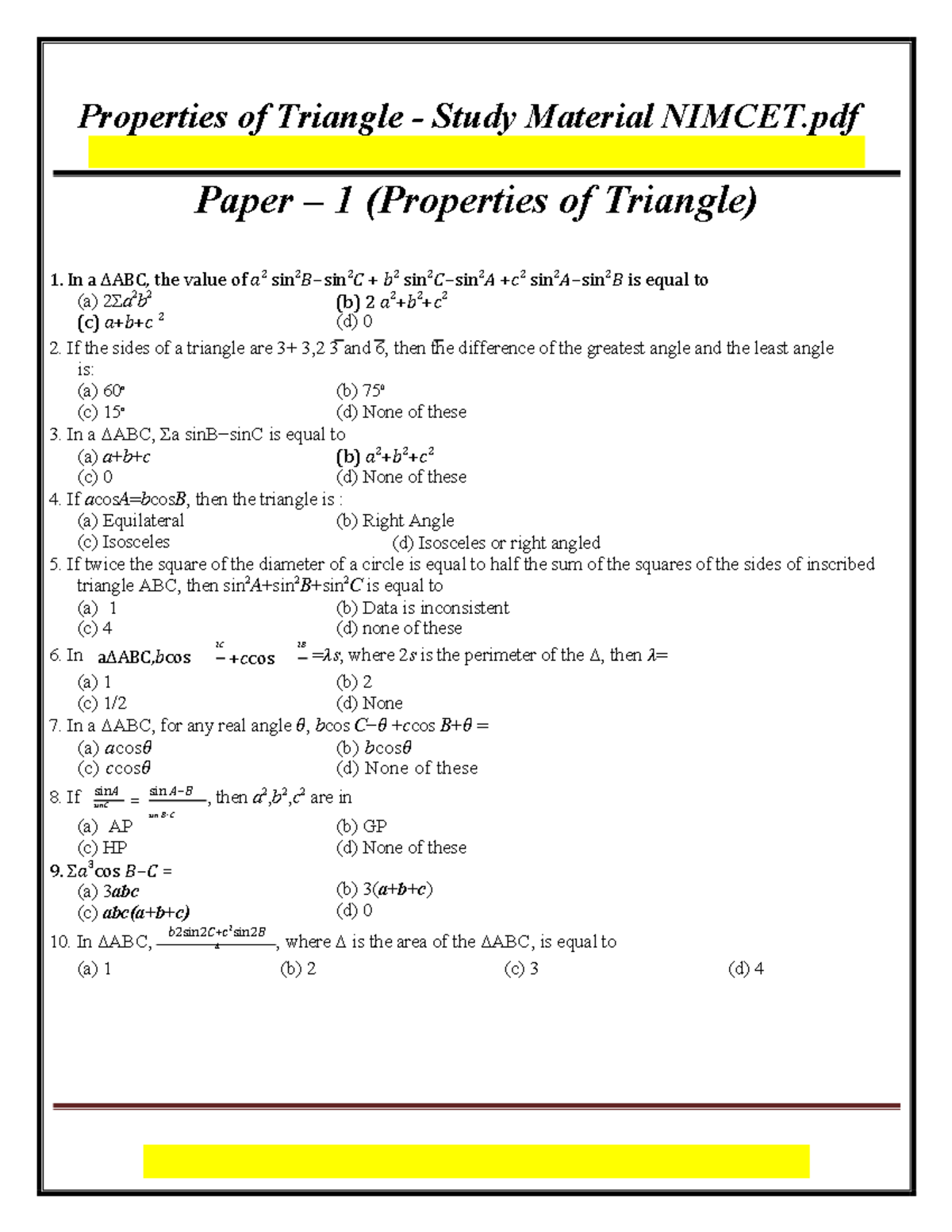 Properties of Triangle - Study Material NIMCET - Studocu
