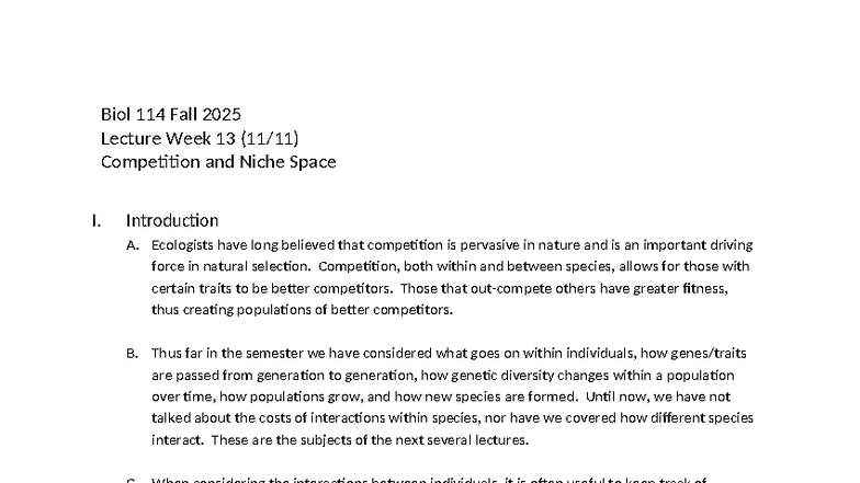 Biol 114 Fall 2025 Lecture Week 13: Competition & Niche Space Insights ...