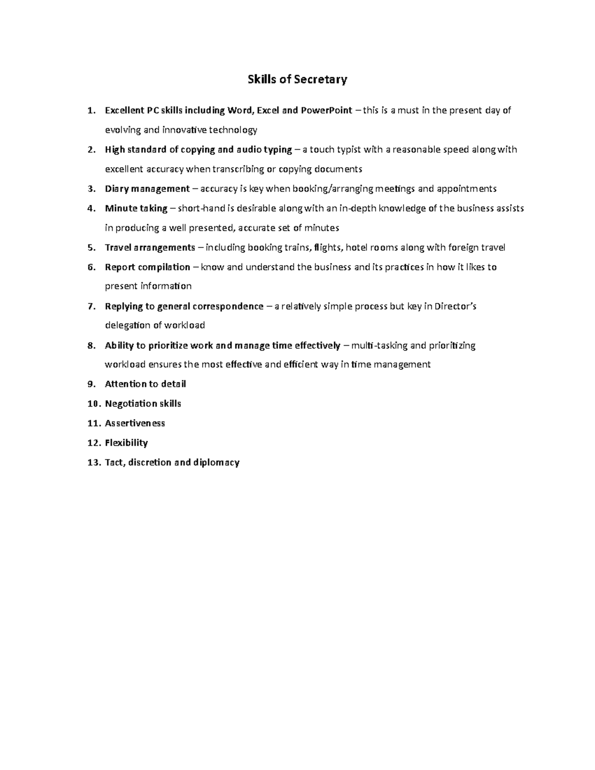 Skills of Secretary - Report - Skills of Secretary 1. Excellent PC ...