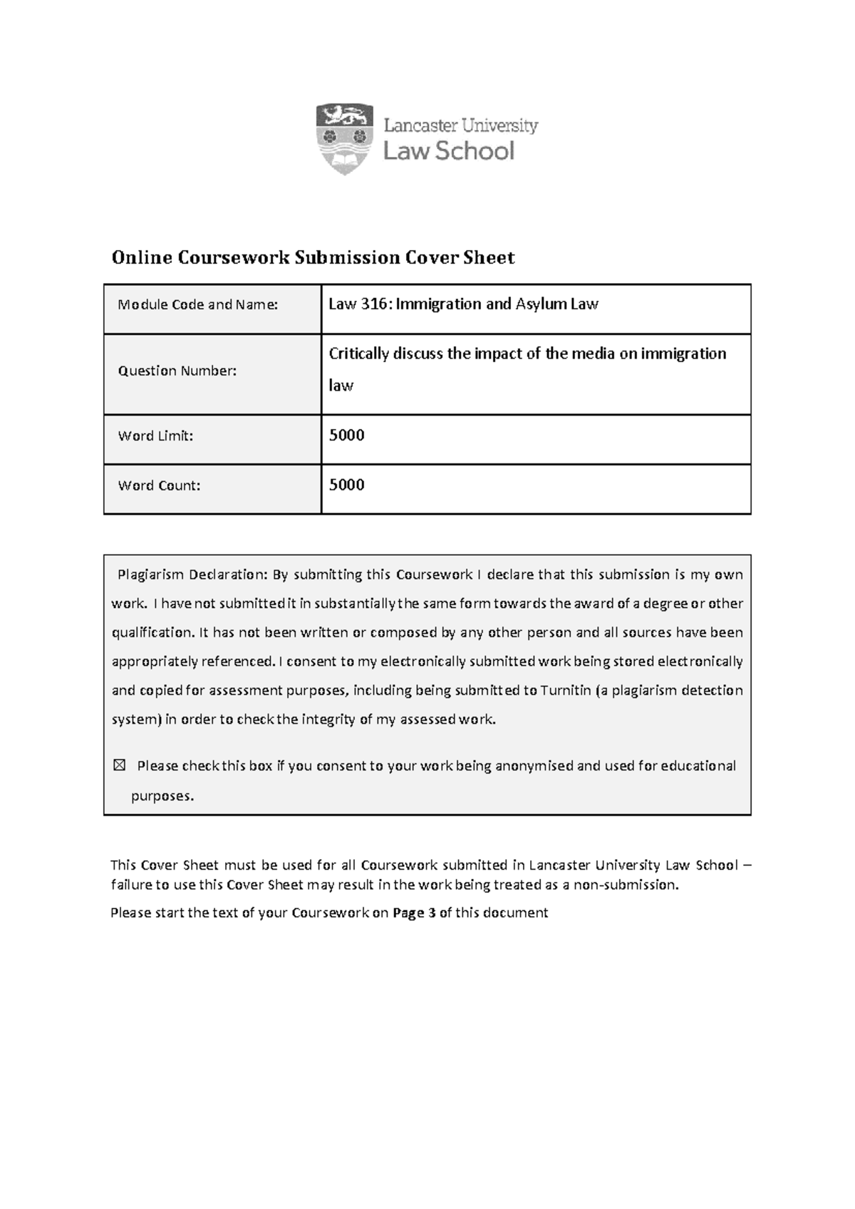 Immigration law essay - “Online Coursework Submission Cover Sheet ...
