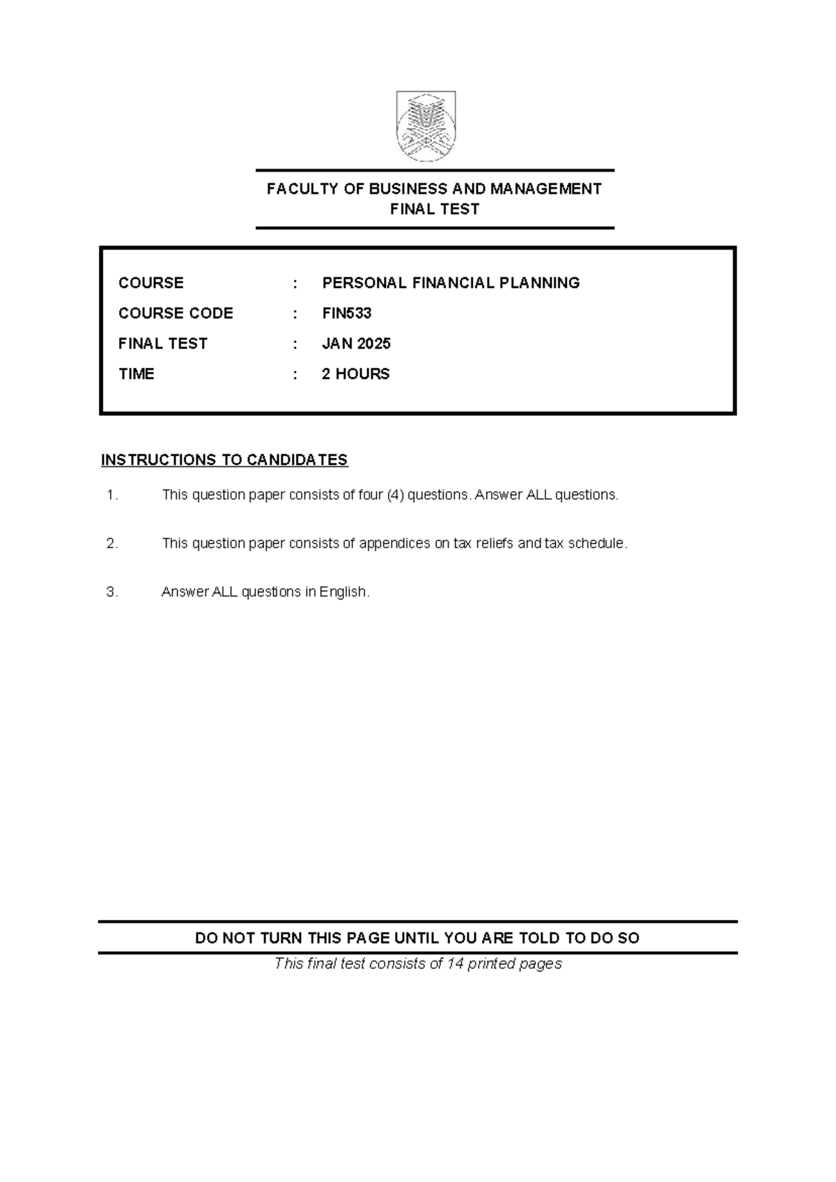 FIN533 Final Test: Personal Financial Planning - January 2025 - Studocu
