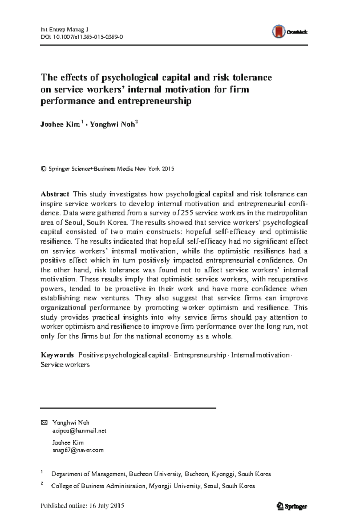 The Impact of Psychological Capital on Service Workers' Motivation: A ...