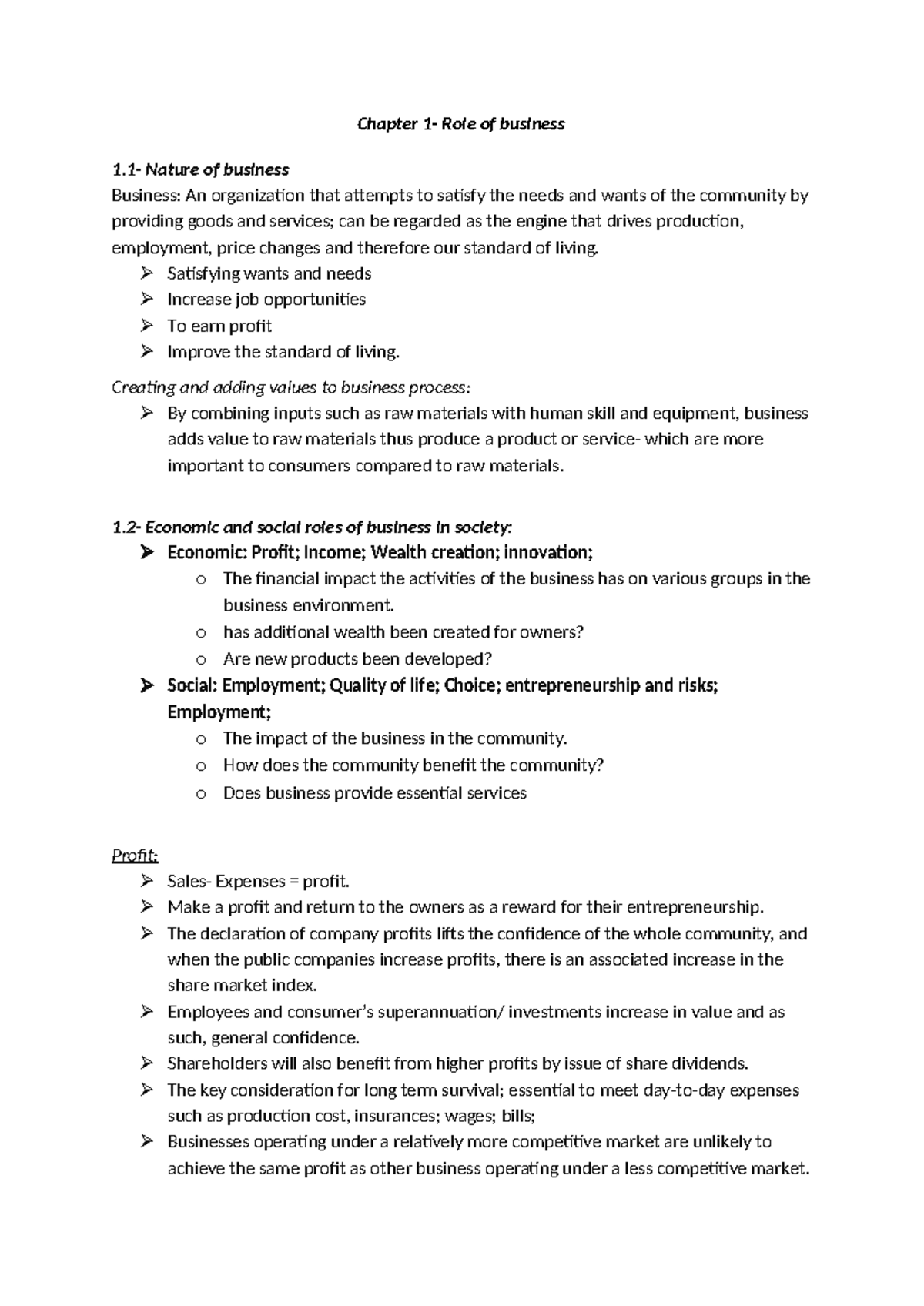 Yr 11 Business Final - Chapter 1- Role of business 1- Nature of ...