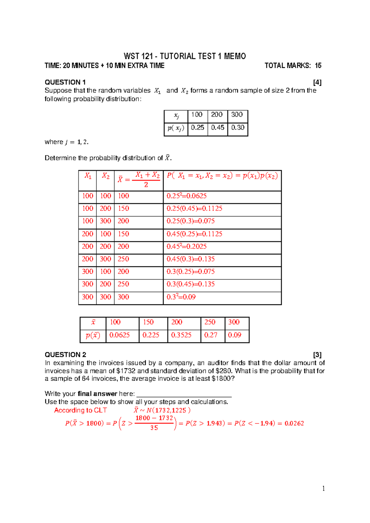 WST 121 Tutorial test 1 2024 v2 MEMO updated - 1 WST 121 - TUTORIAL ...