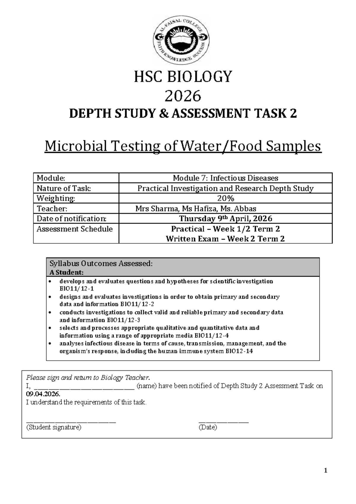 HSC BIOLOGY 2026 DEPTH STUDY 2: Microbial Testing Assessment Guide ...