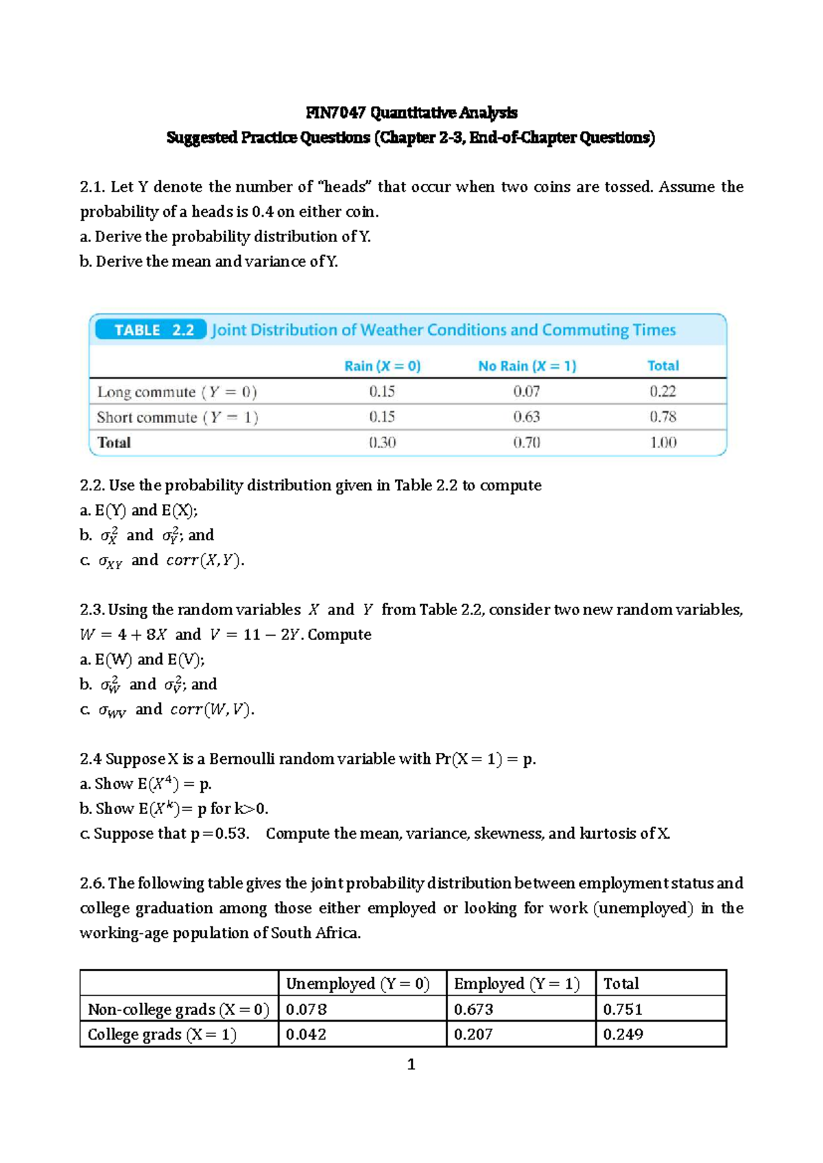FIN7047 Quantitative Analysis Practice Questions for Chapters 2 & 3 ...