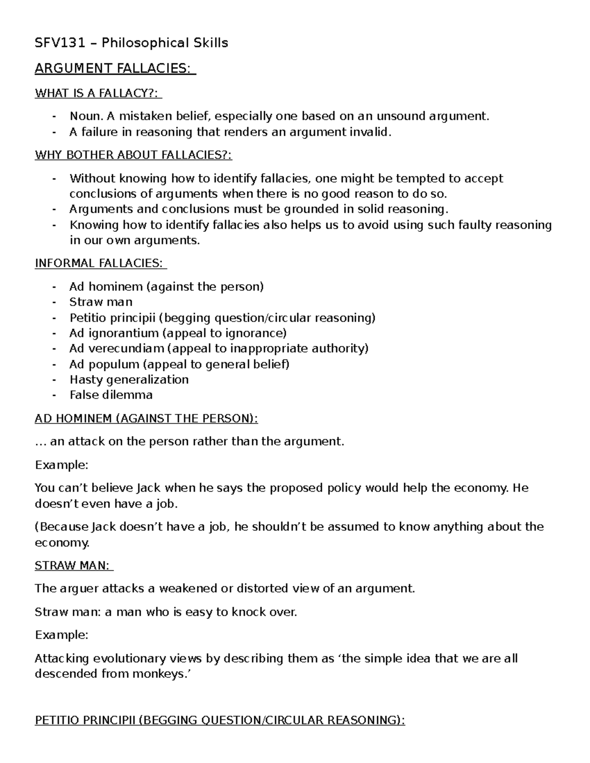 SFV131 - Final Exam Notes on Argument Fallacies and Reasoning - Studocu