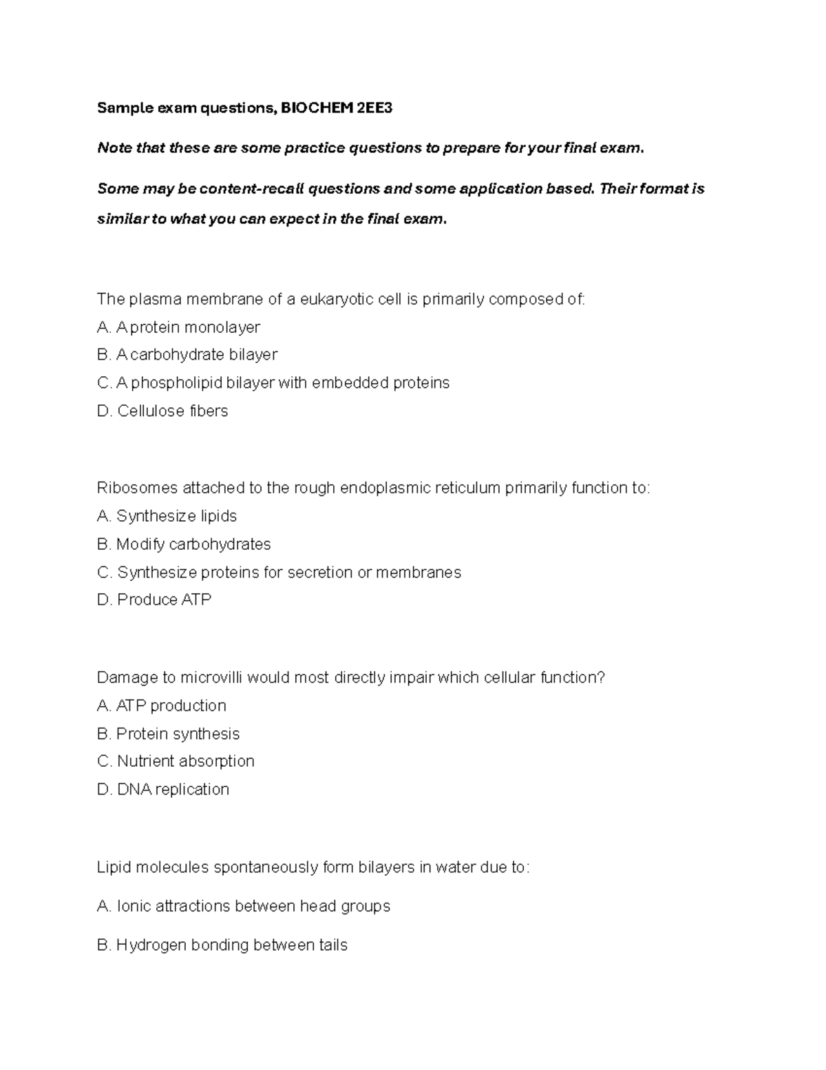 2EE3 Final Exam Sample Questions for Biochemistry Preparation - Studocu