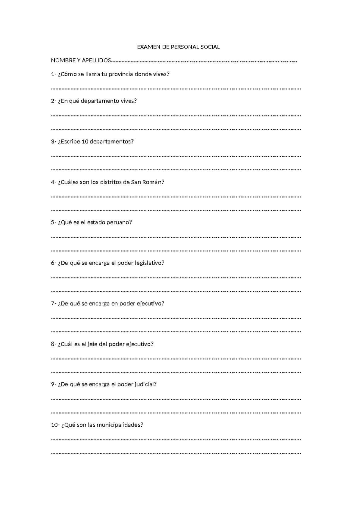Examen DE Personal Social - EXAMEN DE PERSONAL SOCIAL NOMBRE Y - Studocu
