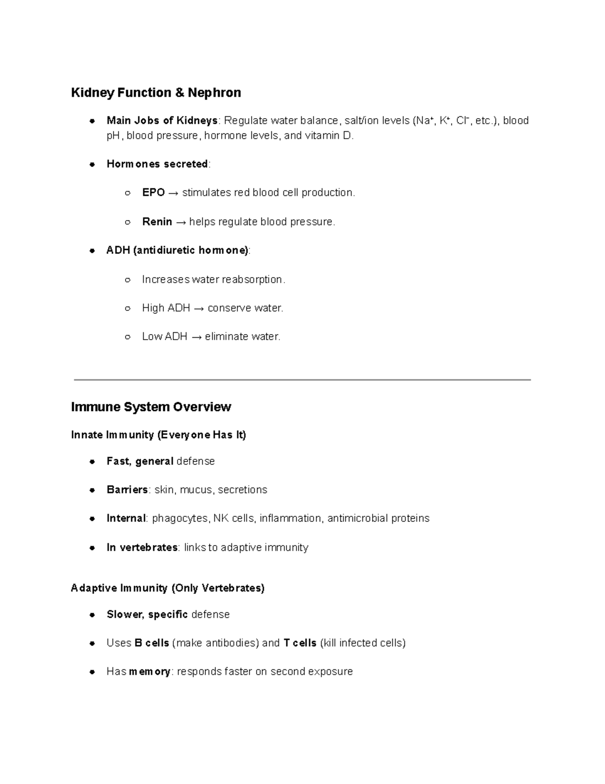 Week 6 Bio Notes: Kidney Function, Immune System, and Endocrine ...