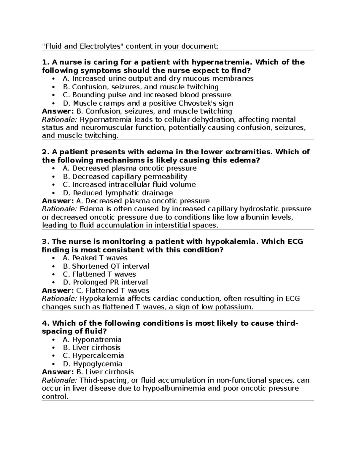 Patho 101 Fluid and Electrolytes Practice Questions & Answers - Studocu