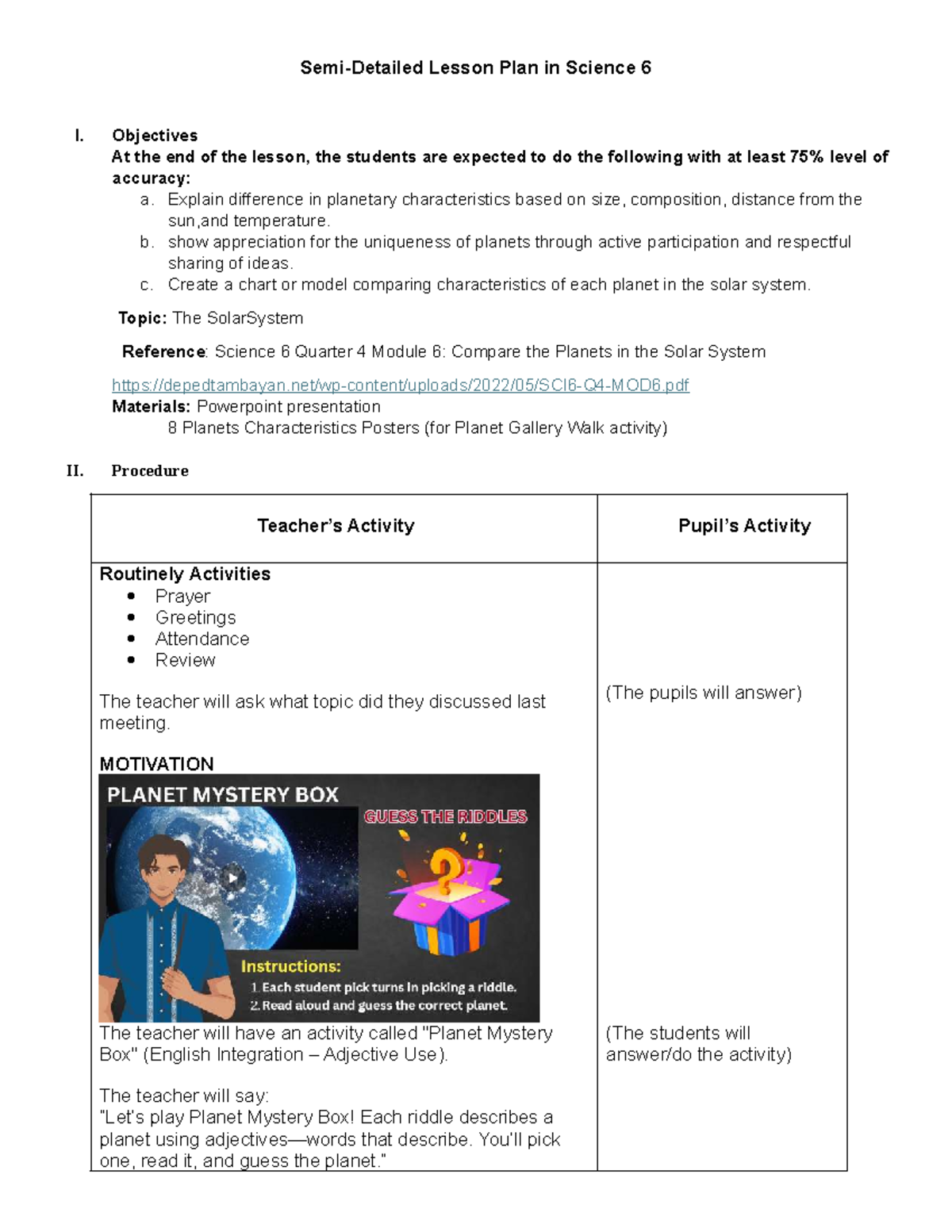 Science 6 Lesson Plan: Exploring the Solar System Characteristics - Studocu