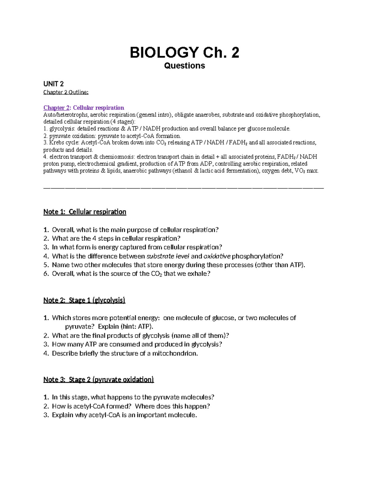 BIOLOGY UNIT 2 Ch. 2 Cellular Respiration Study Questions - Studocu