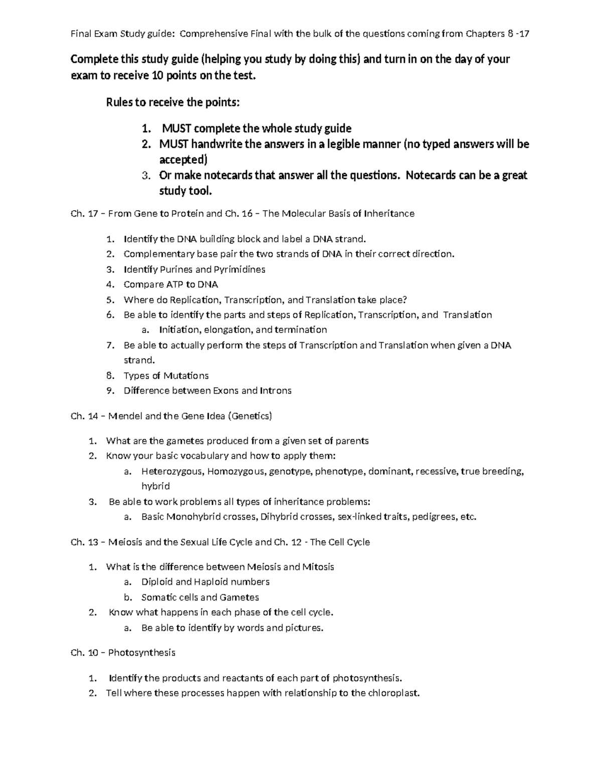 Comprehensive Final Exam Study Guide for Biology (Ch. 1-17) - Final ...