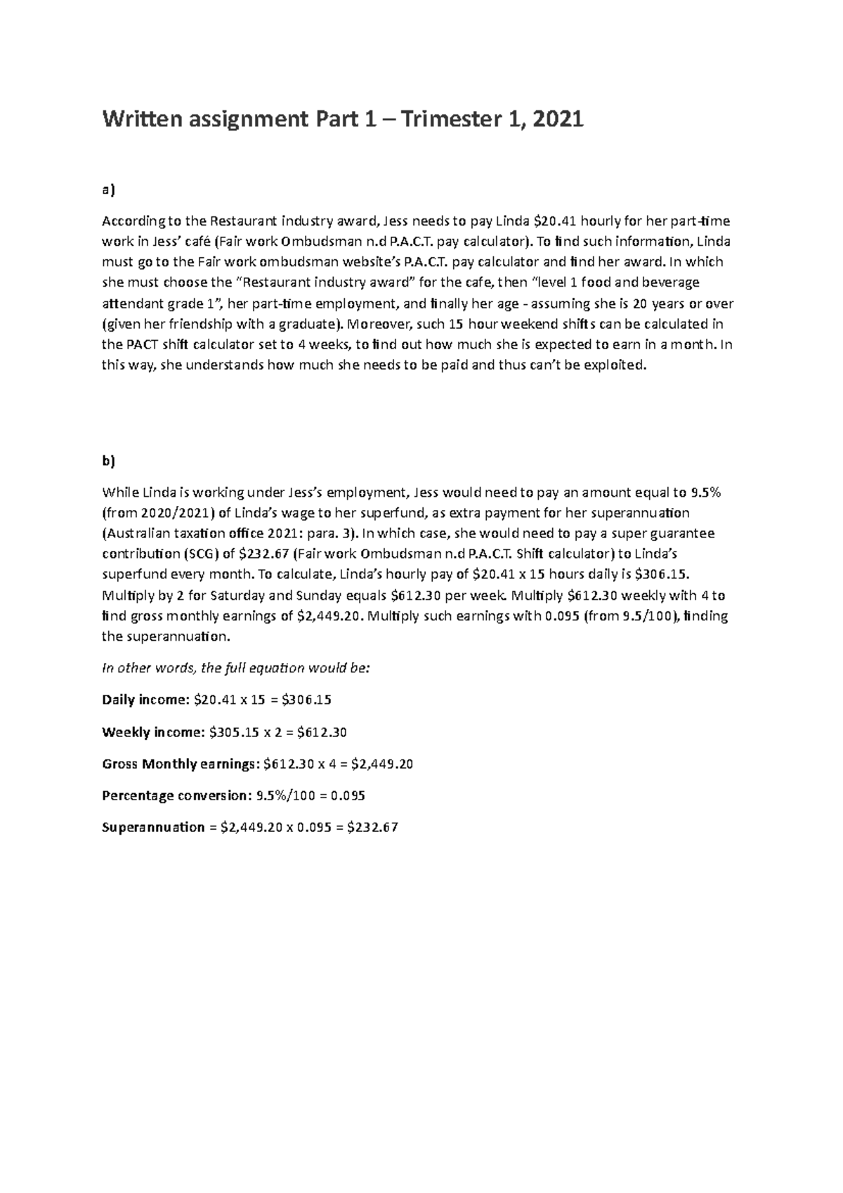 Financial literacy answers - Written assignment Part 1 – Trimester 1 ...