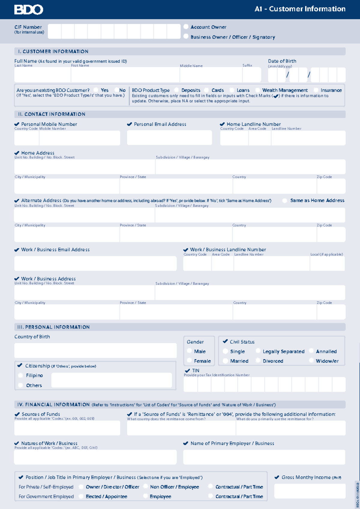BDO Fillable Form A1-A2 Customer Info & Regulations (Revised March 2024 ...