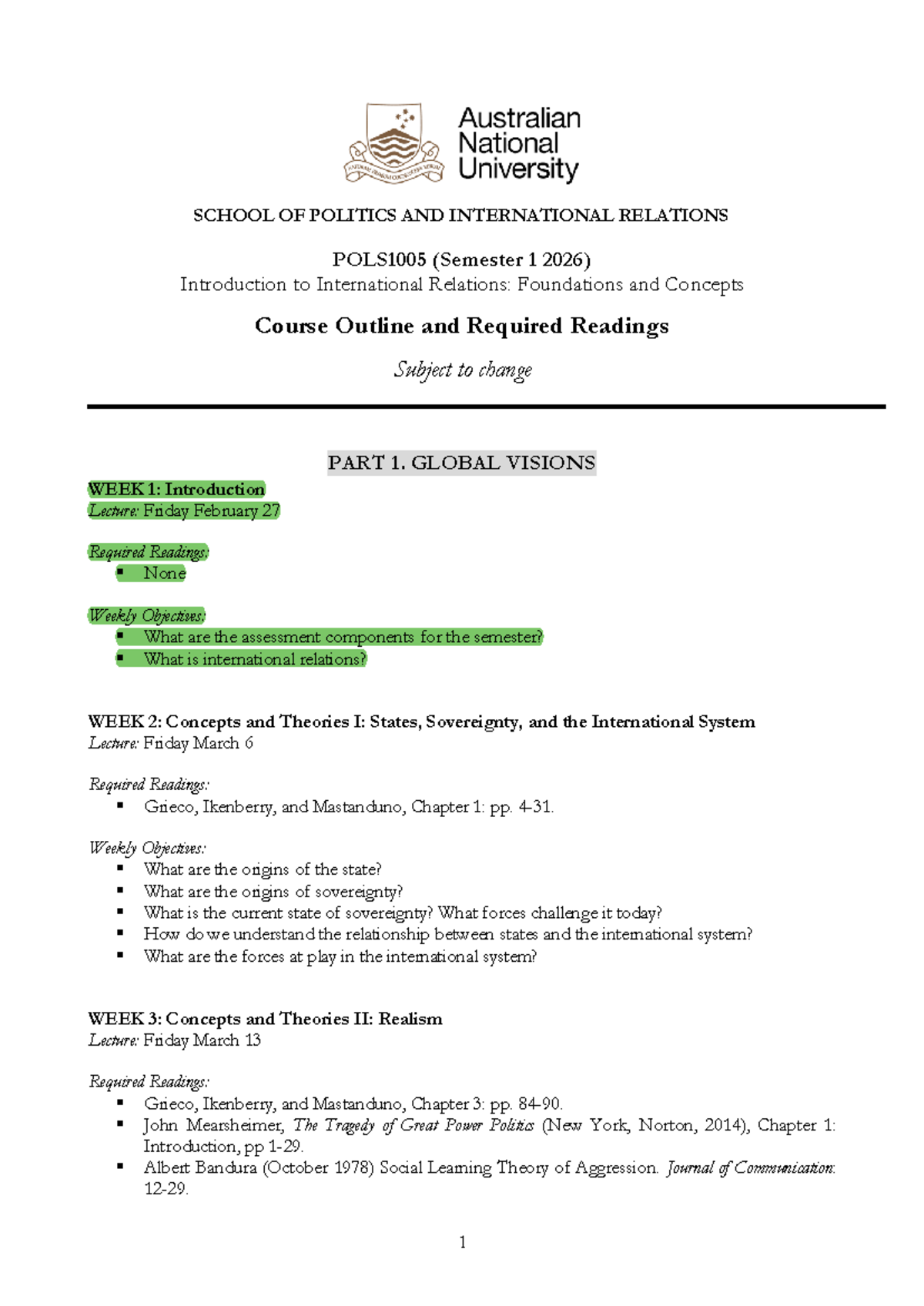 POLS1005 Semester 1 2026: Intro to International Relations Weekly ...