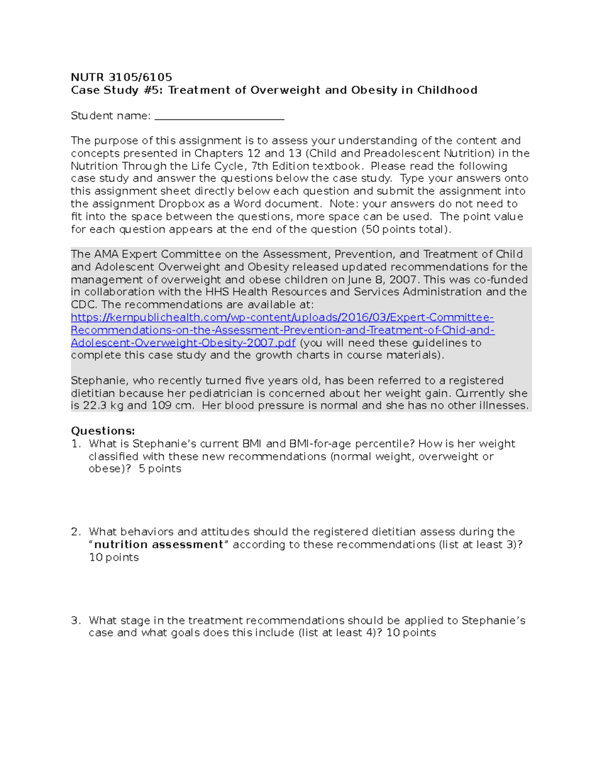 NUTR 3105: Case Study #5 on Childhood Obesity Treatment Guidelines ...