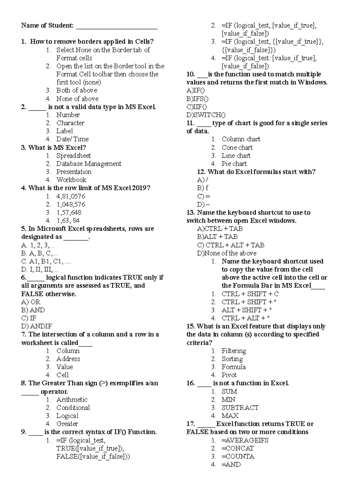 Microsoft Excel Parts Quiz