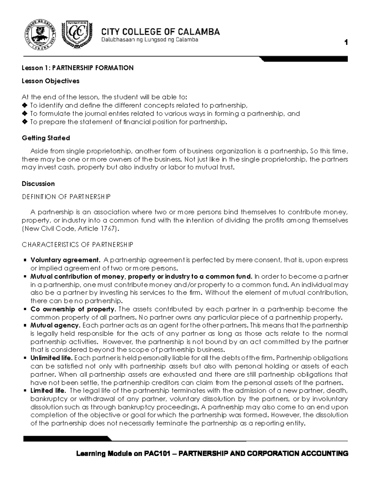 PAC101 Lesson 1: Understanding Partnership Formation Concepts - Studocu