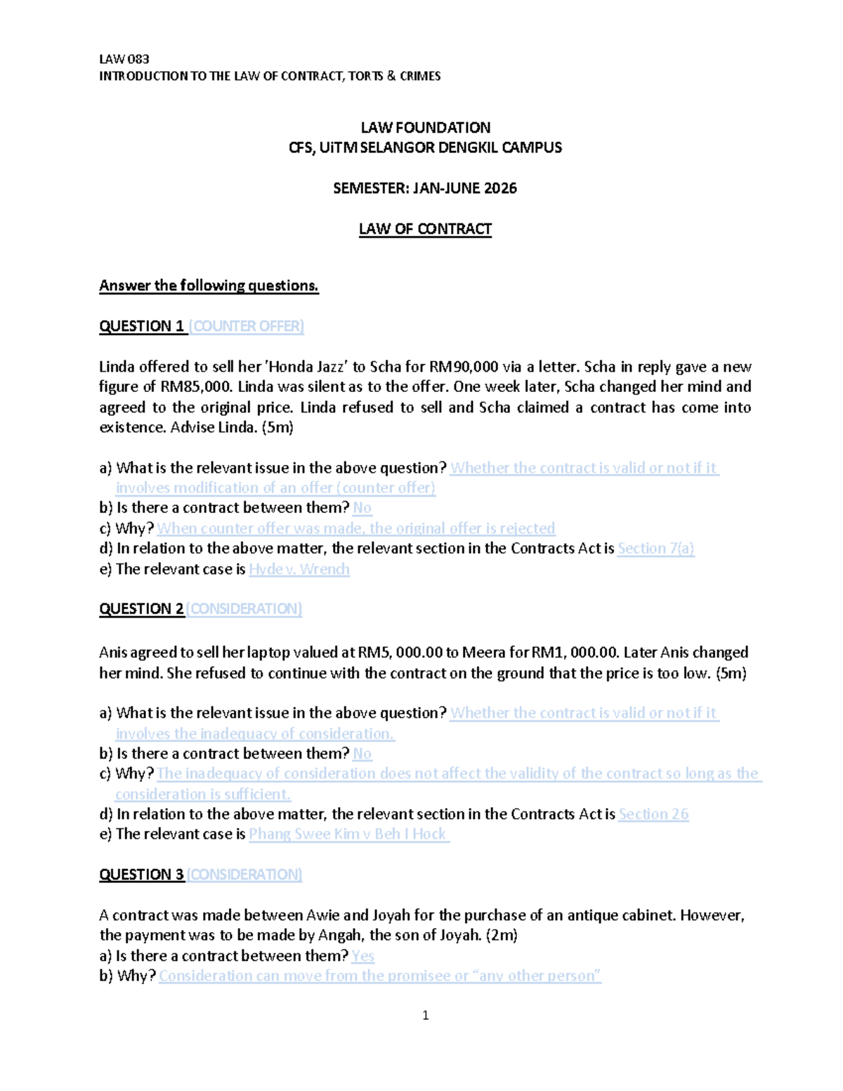 LAW 083 Tutorial on Contract Law: Counter Offers & Consideration - Studocu