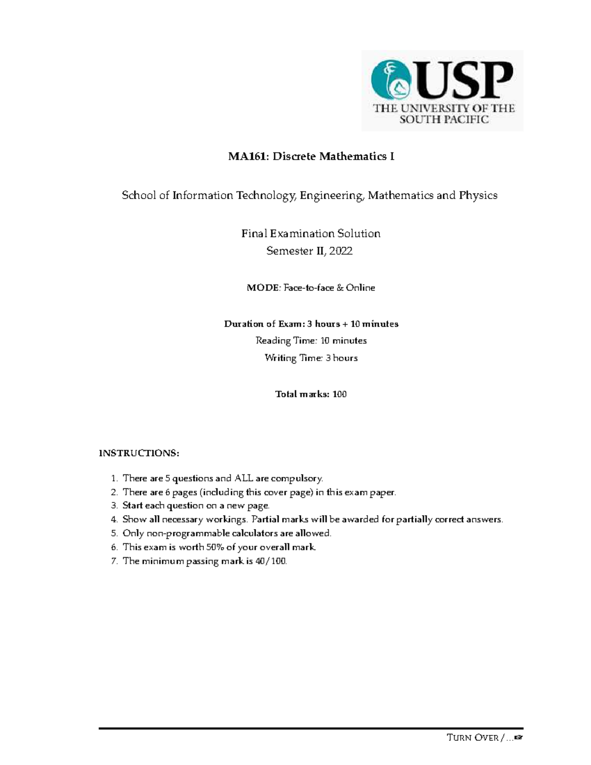 MA161: Discrete Mathematics I Final Exam Solutions - Semester II 2022 ...