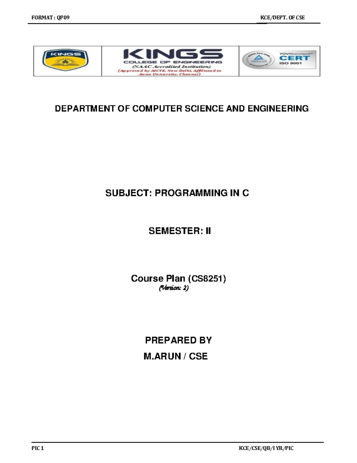 Programming in C Course Plan (CS8251) - Semester II - Studocu