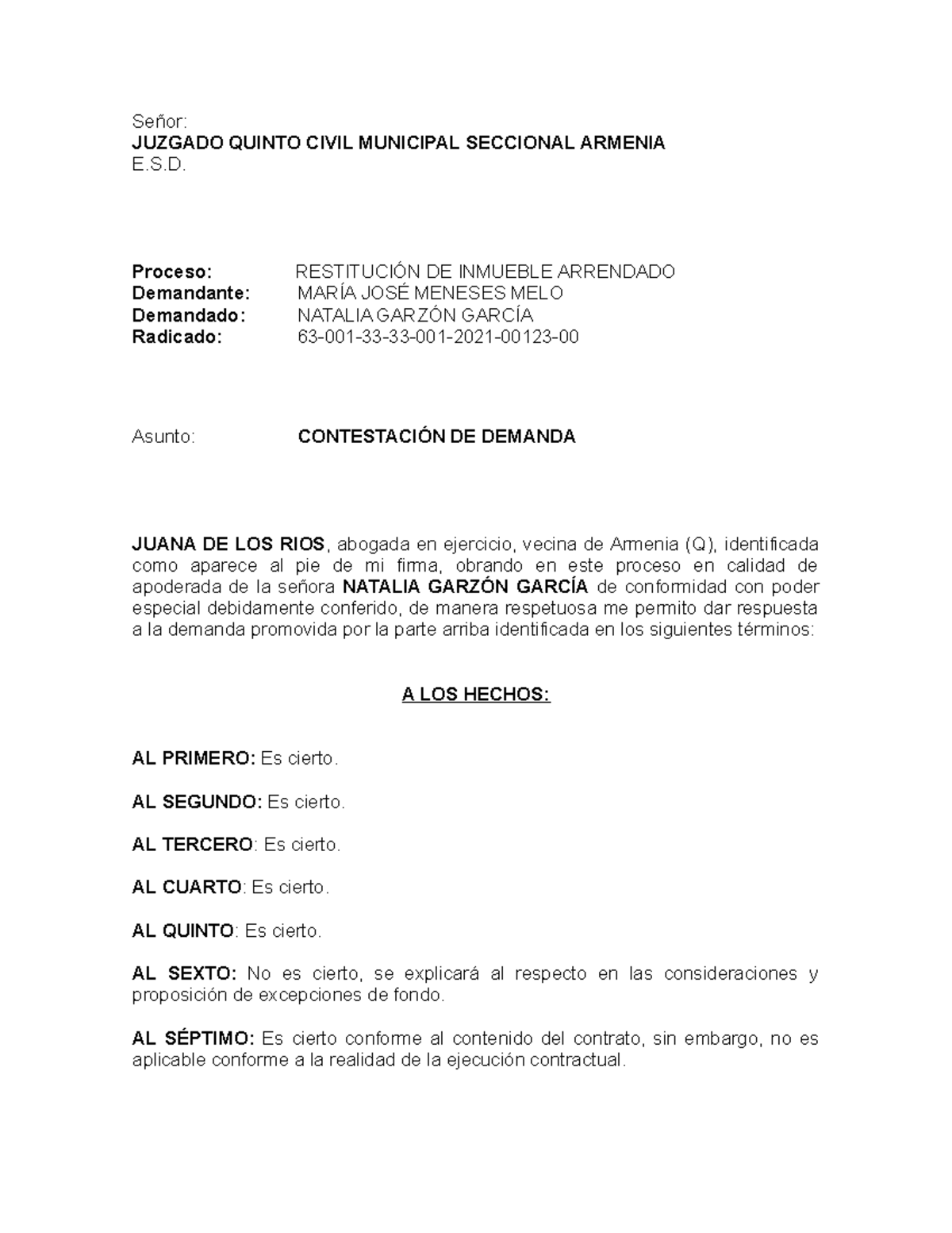 Contestación Demanda de Restitución de Inmueble Arrendado, Proceso 63 ...