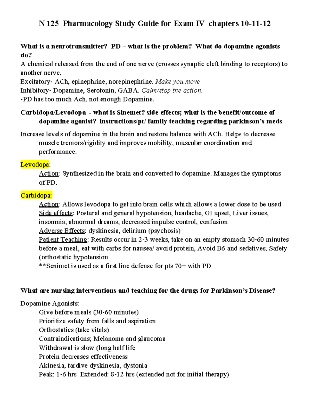 N 125 Pharmacology Study Guide for Exam IV: Neurotransmitters & Meds ...