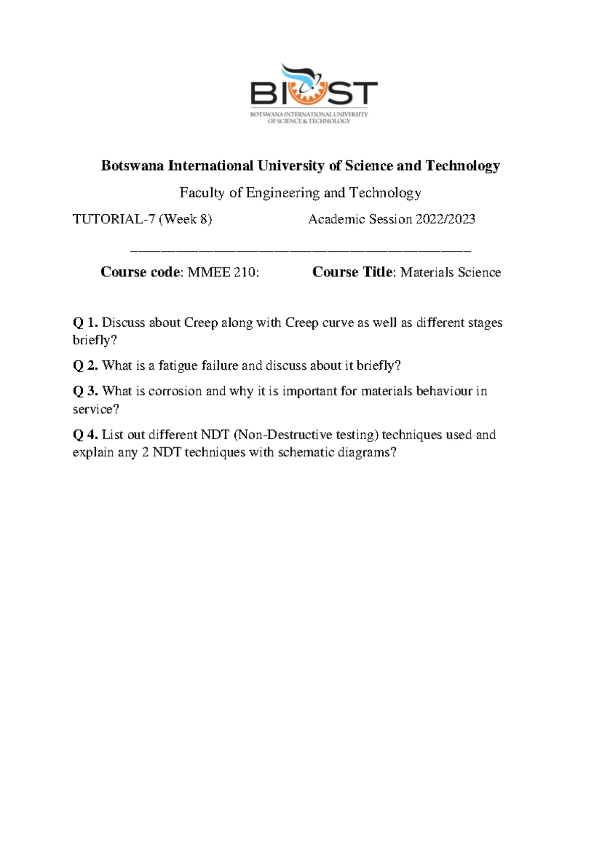 MMEE 210 2022-23 Main Exam Memo on Materials Science - Studocu