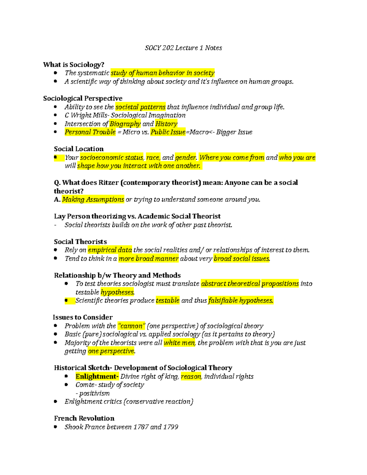 SOCY 202 Lecture 1: Introduction to Sociology and Theories - Studocu