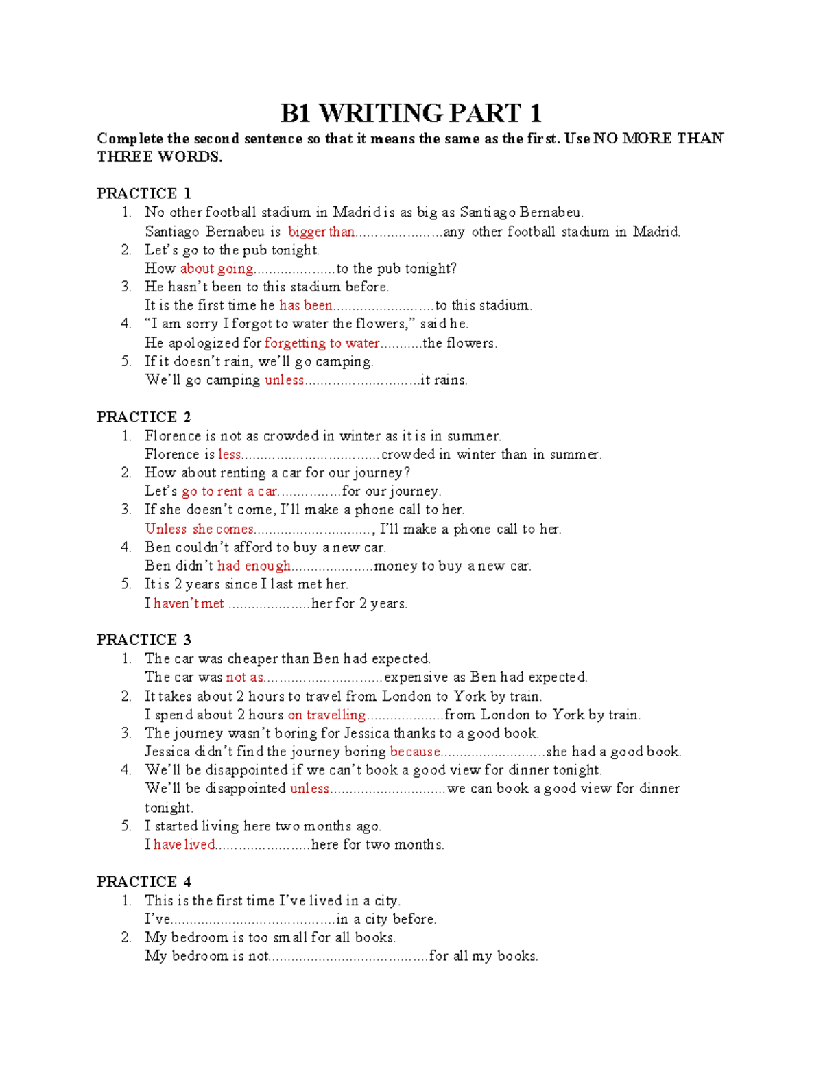 B1 Writing Part 1 - Sentence Transformation Exercises - Studocu