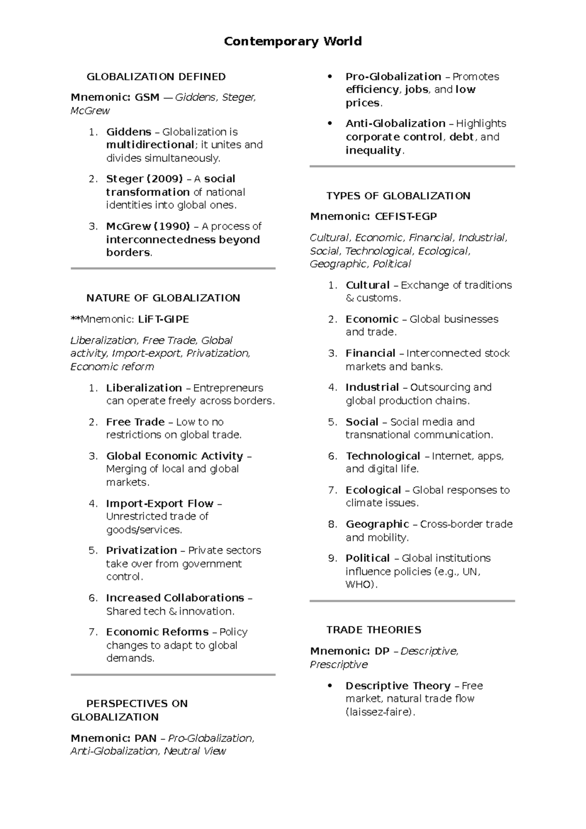 Contemporary World - Globalization Overview and Key Concepts - Studocu