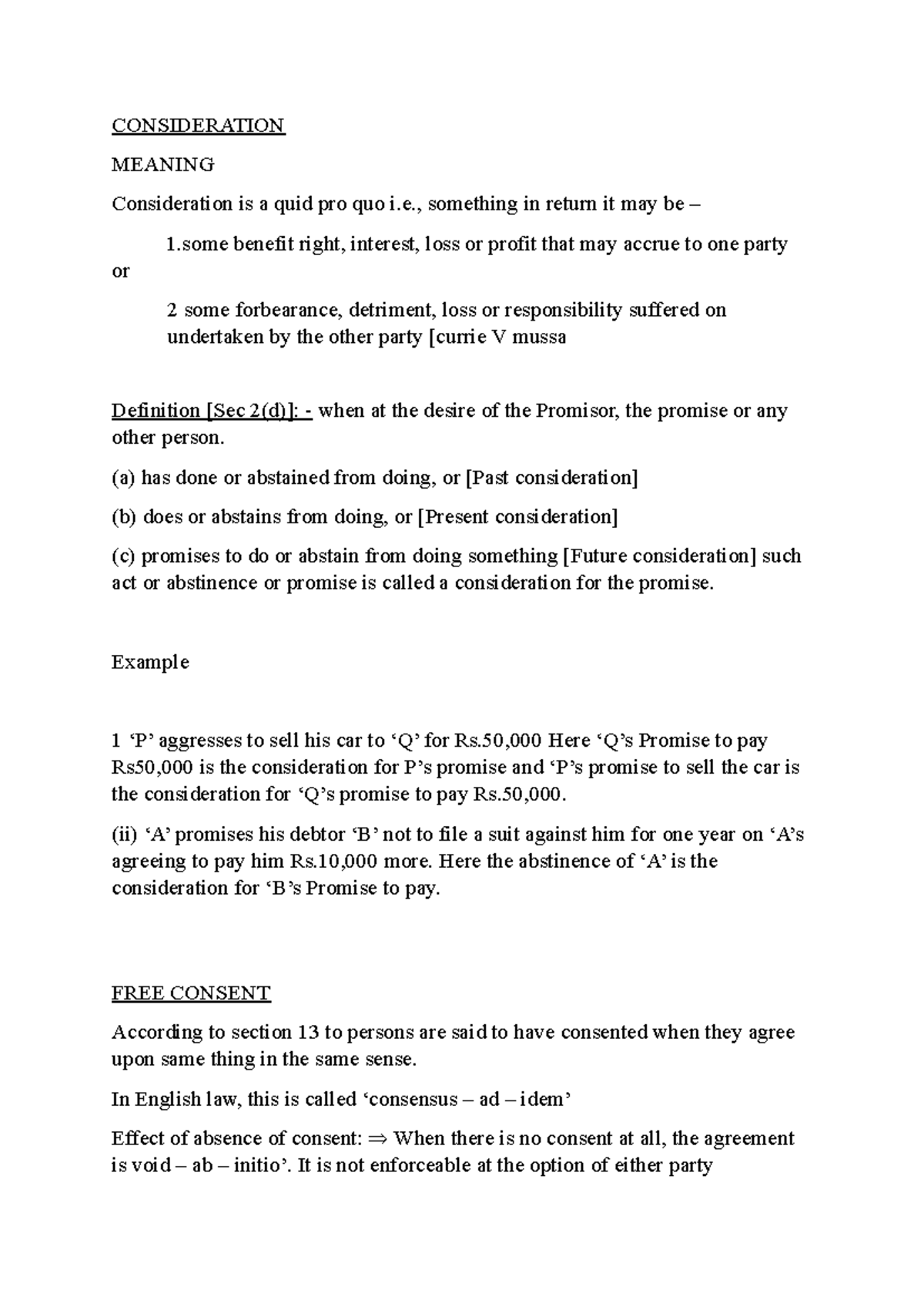 Consideration Notes - Law Study Guide for Course Code L101 - Studocu