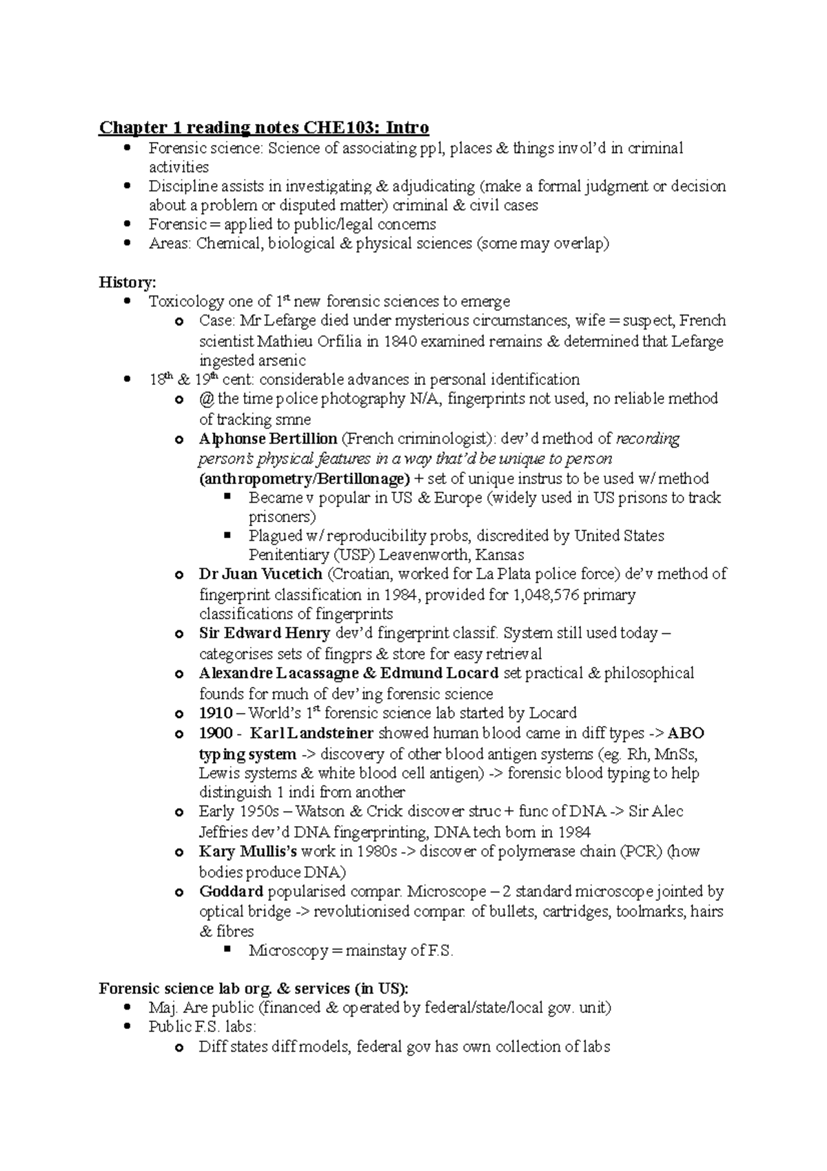 CHE103 Chapter 1 & 3 Reading Notes: Intro to Forensic Science - Studocu