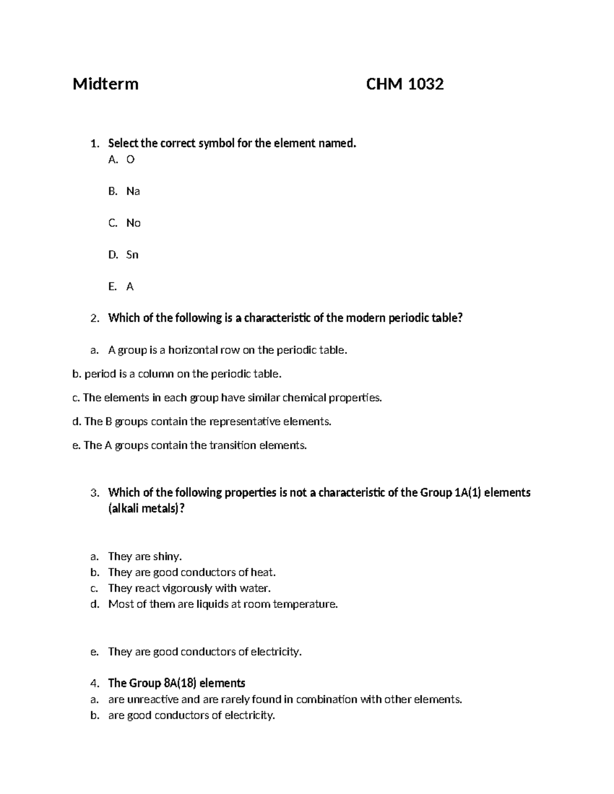 CHM 1032 Midterm Exam Review: Key Concepts and Questions - Studocu