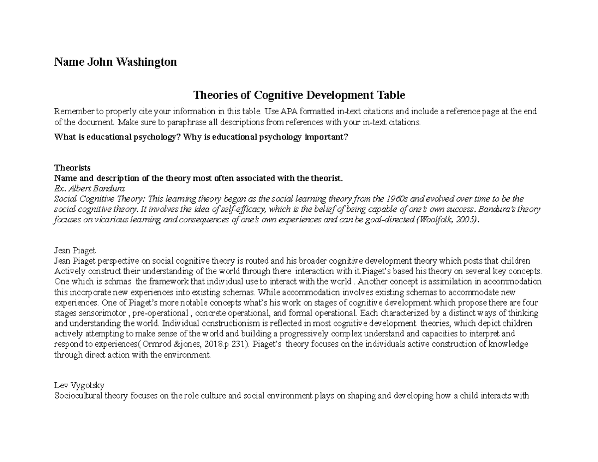 ELM-200-T1-Theories of Cognitive Development Overview Table - Studocu