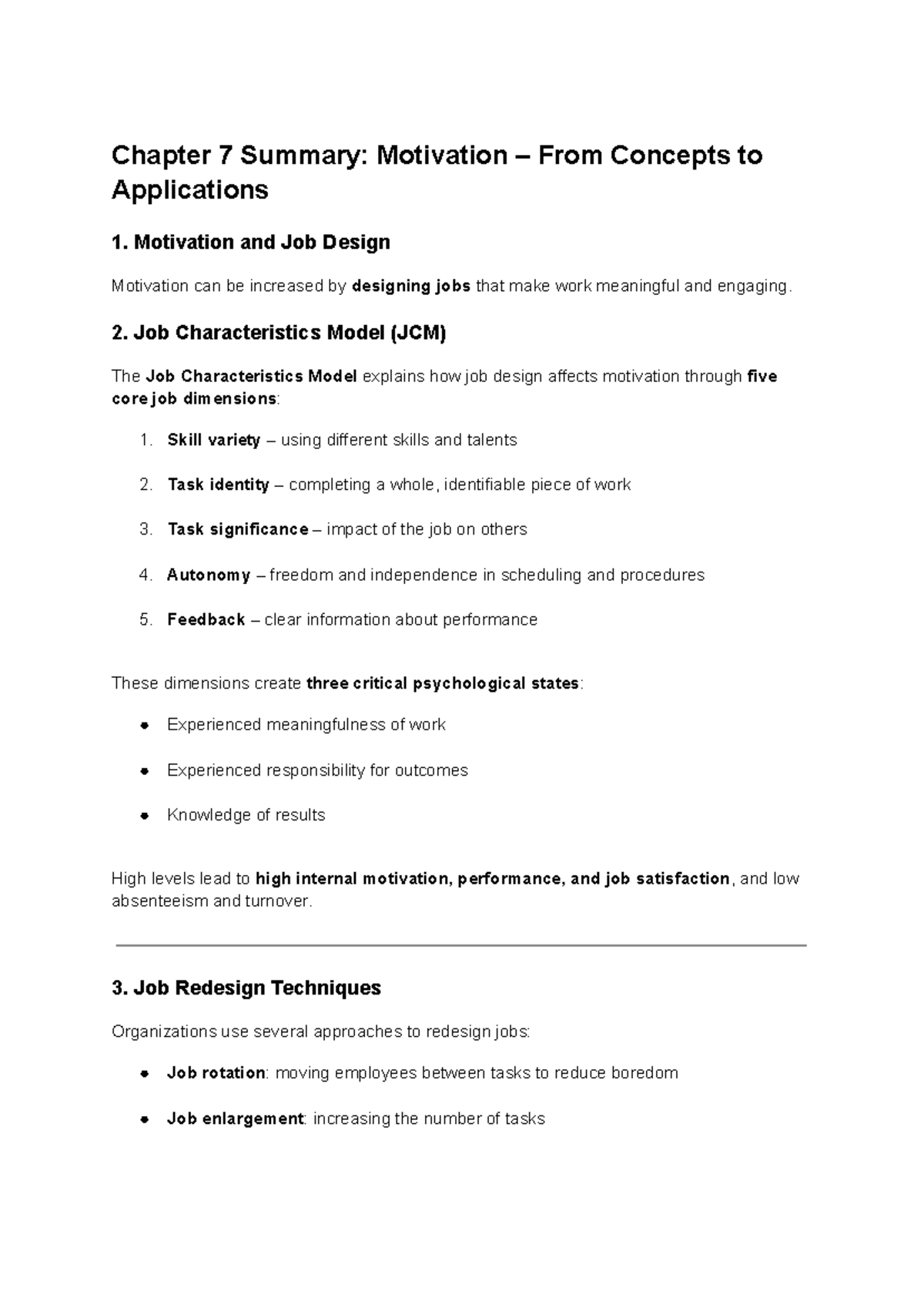 Chapter 7 Summary: Motivation & Job Design Concepts - Studocu