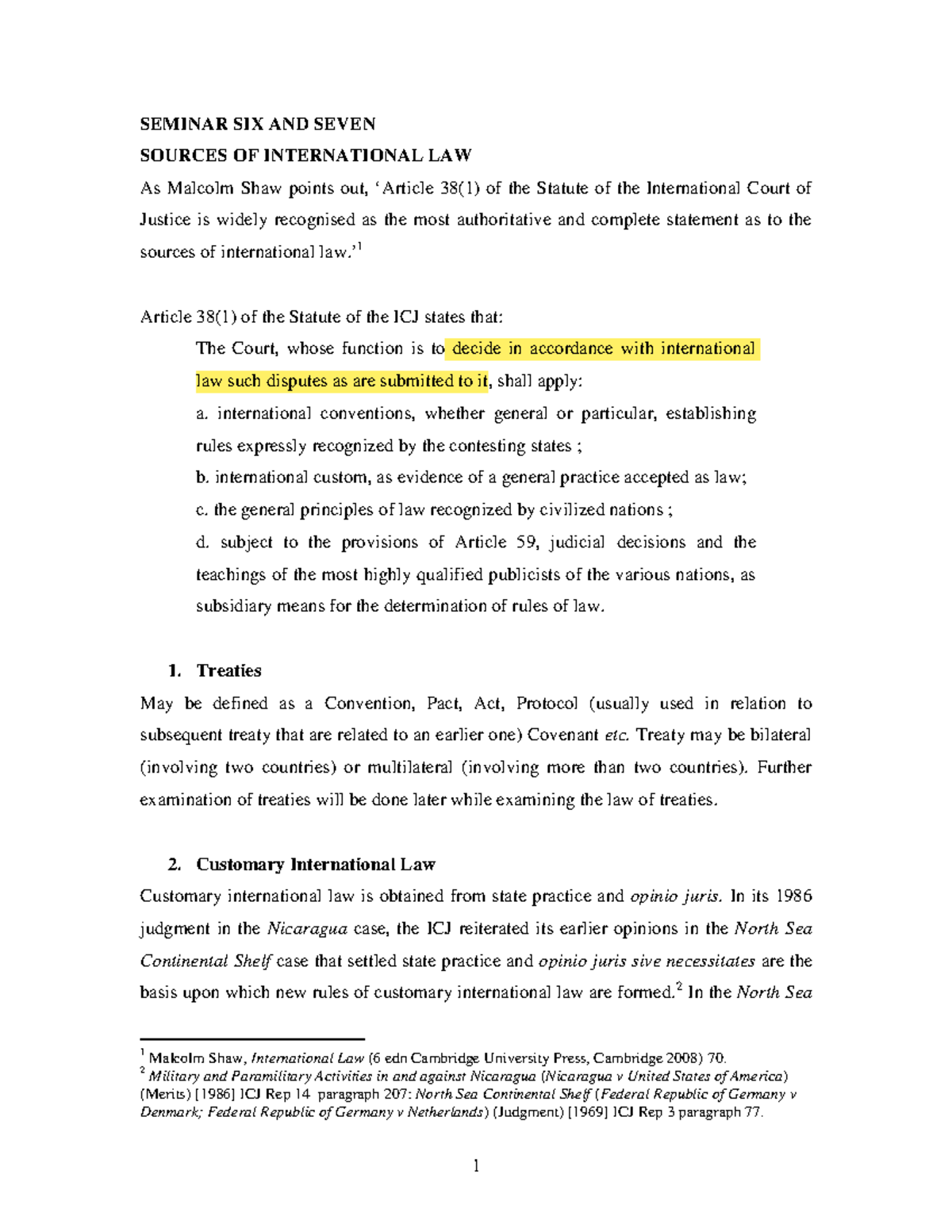 Seminar 6 & 7: Sources of International Law Overview - Studocu