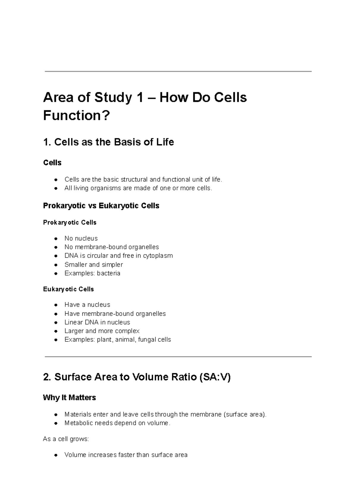 Unit 1: Area of Study 1 – Understanding Cell Function and Structure ...
